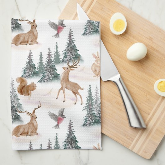 冬のワンダーランド森林動物のクリスマス キッチンタオル (四つ折り)