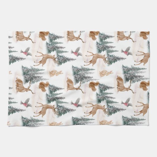 冬のワンダーランド森林動物のクリスマス キッチンタオル (横)