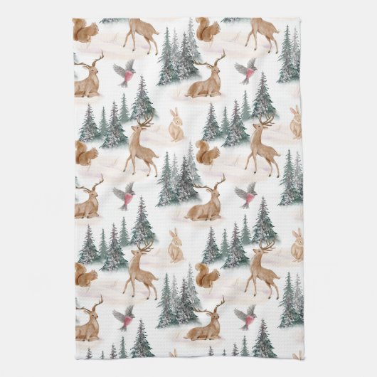 冬のワンダーランド森林動物のクリスマス キッチンタオル (縦)