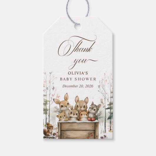 冬のワンダーランド森林動物の赤ちゃんシャワー ギフトタグ (正面)