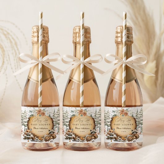 冬のワンダーランド森林動物の赤ちゃんシャワー スパークリングワインラベル