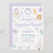 冬のワンダーランド紫のクリスマス誕生日パーティー 招待状 (正面/裏面)