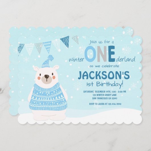 冬のワンダーランド誕生日の招待Boy Blue 招待状 (正面/裏面)