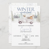 冬のワンダーランド誕生日、男の子2歳の誕生日トラック 招待状 (正面/裏面)