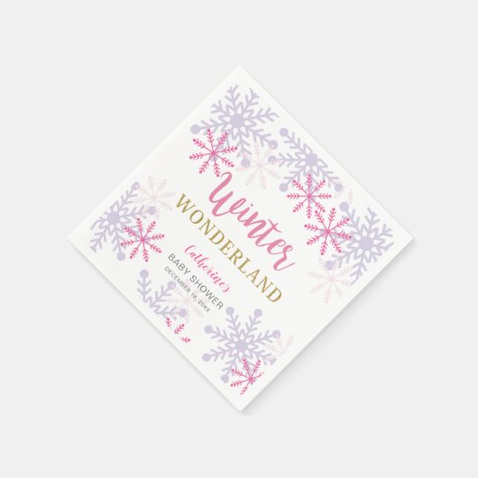 冬のワンダーランド赤ちゃんシャワー雪のピンク スタンダードカクテルナプキン (角)