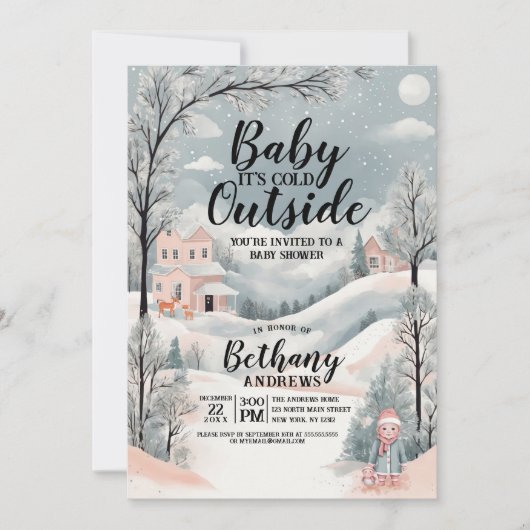 冬のワンダーランド赤ちゃんシャワー:外は寒い 招待状 (正面)