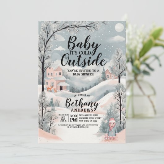 冬のワンダーランド赤ちゃんシャワー:外は寒い 招待状 (スタンド正面)