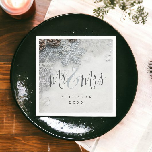 冬のワンダーランド銀雪の写真ミスター&ミセス スタンダードカクテルナプキン