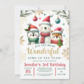 冬のワンダーランド防雪の動物の三番目の誕生日 招待状 (正面)