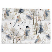 冬のワンダーランド雪だるまと鳥のパターン ラージペーパーバッグ (裏面)