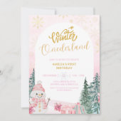 冬のワンダーランド雪だるまガール1stピンク誕生日 招待状 (正面)