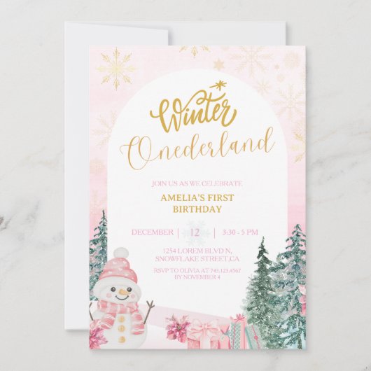 冬のワンダーランド雪だるまガール1stピンク誕生日 招待状 (正面)