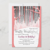 冬のワンダーランド雪の木ピンクのシルバーフォト 招待状 (正面)