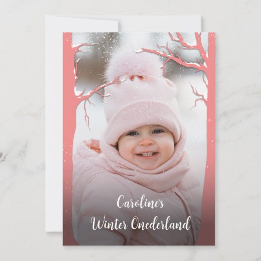 冬のワンダーランド雪の木ピンクのシルバーフォト 招待状 (裏面)