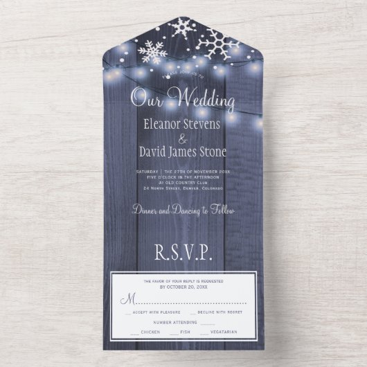 冬のワンダーランド雪の素朴な結婚式RSVP オールインワン招待状 (内側)