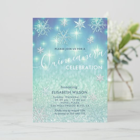 冬のワンダーランド雪の結晶グリッターキンセアニラ 招待状 (スタンド正面)