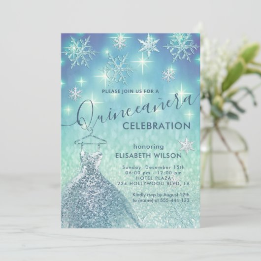 冬のワンダーランド雪の結晶グリッターキンセアニラ 招待状 (スタンド正面)