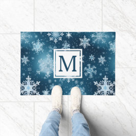 冬のワンダーランド雪の結晶ブルーホワイト ドアマット