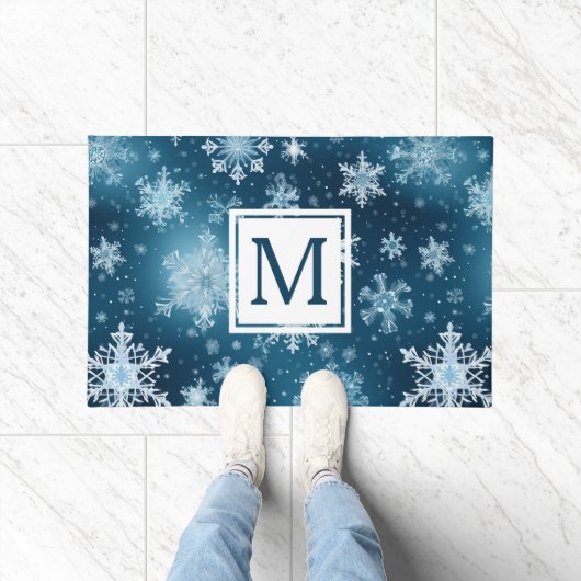 冬のワンダーランド雪の結晶ブルーホワイト ドアマット (室内)