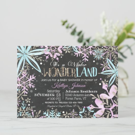冬のワンダーランド雪の輝く赤ちゃんシャワー 招待状 (スタンド正面)