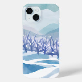 冬のワンダーランド雪の青い水の色絵を描の iPhone 15ケース