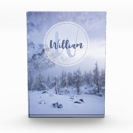 冬のワンダーランド霧氷の森の雪のモノグラム フォトブロック (正面)