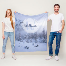 冬のワンダーランド霧氷の森の雪のモノグラム フリースブランケット