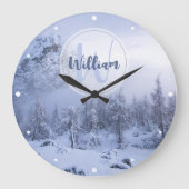 冬のワンダーランド霧氷の森の雪のモノグラム ラージ壁時計 (正面)
