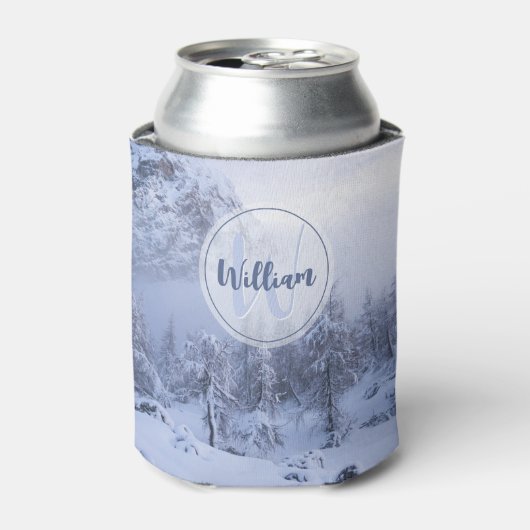 冬のワンダーランド霧氷の森の雪のモノグラム 缶クーラー (缶正面)