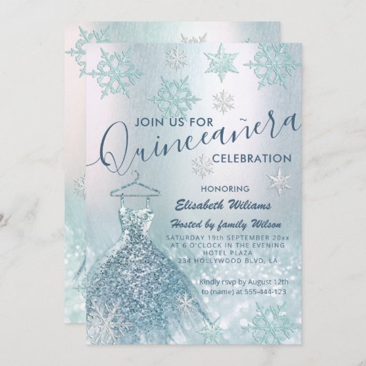 冬のワンダーランド青いドレスの輝グラデーションき 招待状 (正面/裏面)