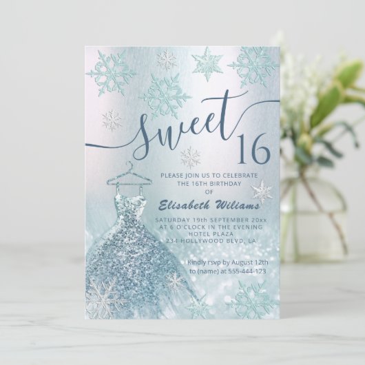 冬のワンダーランド青いドレスの輝グラデーションき 招待状 (スタンド正面)