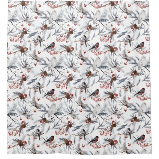 冬のワンダーランド鳥の休日のシャワーカーテン シャワーカーテン (正面)