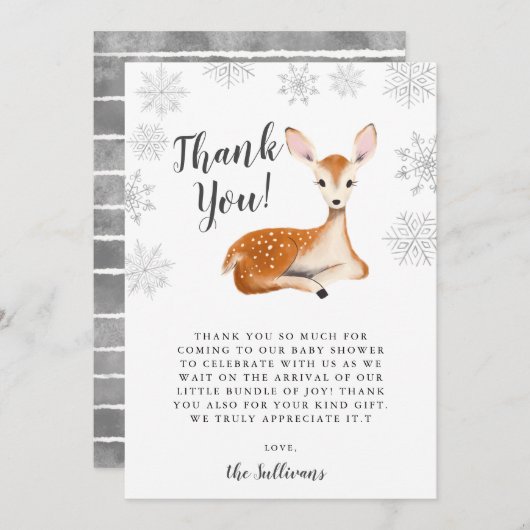冬のワンダーランド鹿男女兼用の赤ちゃんシャワー サンキューカード (正面/裏面)