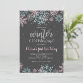 冬のワンダーランド1歳の誕生日 ピンク ブルー 雪 招待状 (スタンド正面)