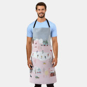 冬のワンダーランド：かわいい村のパターン エプロン (着用した状態)