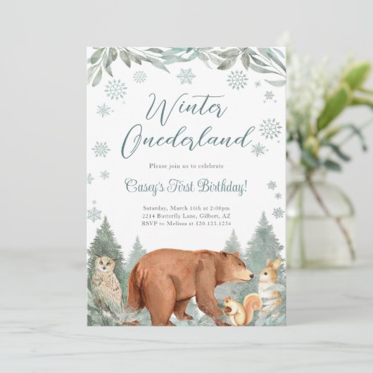 冬のワンダーランド　ウッドランド動物パーティ招待状 招待状 (スタンド正面)
