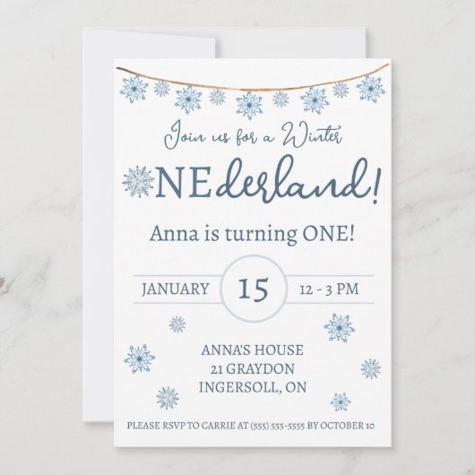 冬のワンダーランド、キッズスノーフレーク誕生日パーティー 招待状 (正面)