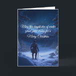 冬のワンダーランド・クリスマスの降誕騎士 シーズンカード<br><div class="desc">冬の森の平和な雰囲気に身を包むこの夜考えの従順な騎士。彼の人生の問題と彼が持っていた良い事について。彼が治した混乱と彼のために生きている人々。このもし寒い冬の夜の中で最も明るい星の上で彼が望むのは静か、彼が世界で良い事を成し遂げることで、彼にとって、彼はその道を歩くことは名誉なことだった。騎士（ナイト）は、剣で雪の中にひざまずき、夜の輝く星に祈りの言葉を言離れい、毅然とした暖かいハートで冷たい森を語った。この画像は、レオナルド.aiで生成された様々な写真の合成である。それは私によってさらに編集された。</div>