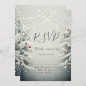 冬のワンダーランド、ストリングライトの雪の招待状 RSVP 招待状 (正面/裏面)