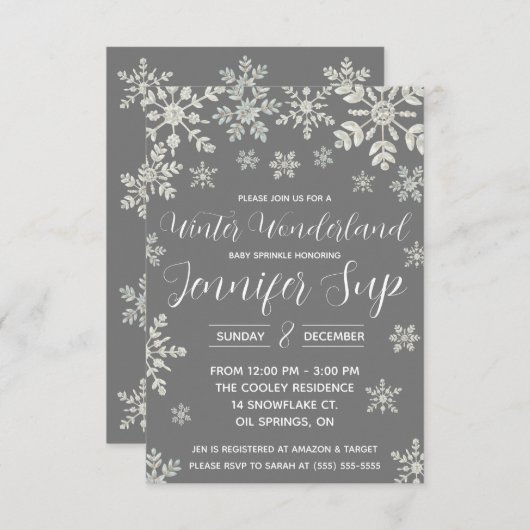 冬のワンダーランド、スノーフレークベビーの散水、シャワー 招待状 (正面/裏面)