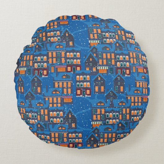 冬のワンダーランド：ナイトタイムハウススカフェ ラウンドクッション (正面)