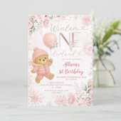 冬のワンダーランド ピンクのクマ バルーン 1歳の誕生日 招待状 (スタンド正面)