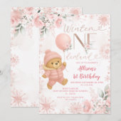 冬のワンダーランド ピンクのクマ バルーン 1歳の誕生日 招待状 (正面/裏面)