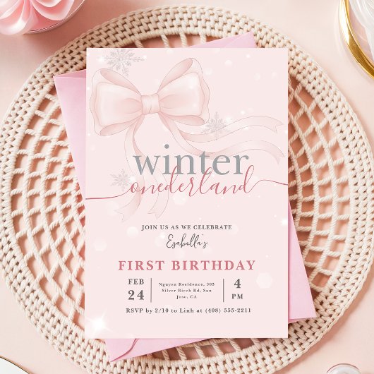 冬のワンダーランド ピンクスノーフレークリボン 1歳の誕生日 招待状