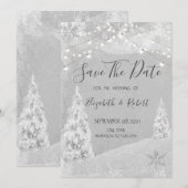 冬のワンダーランド、モミの木グレー 結婚予定日お知らせカード セーブザデート (正面/裏面)