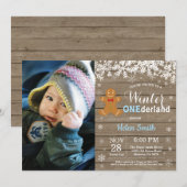 冬のワンダーランド　ログハウスの少年　1歳の誕生日 招待状 (正面/裏面)