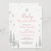 冬のワンダーランド、女の子のベビーの散水、ピンクシルバー 招待状 (正面/裏面)