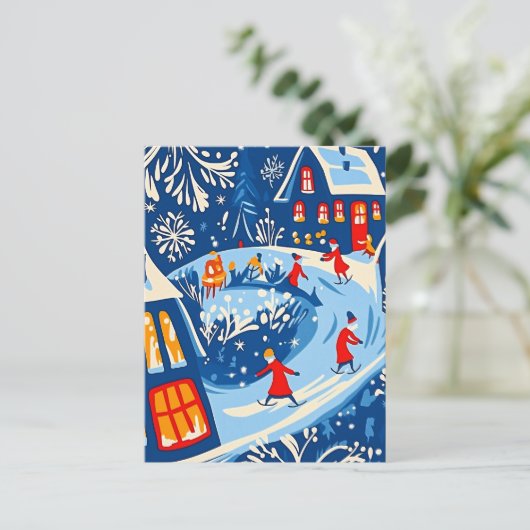 冬のワンダーランド、雪のグローブ、ホリデーフォークアート シーズンポストカード (スタンド正面)