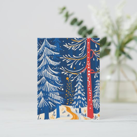 冬のワンダーランド、雪の森、休日のフォークアート シーズンポストカード (スタンド正面)