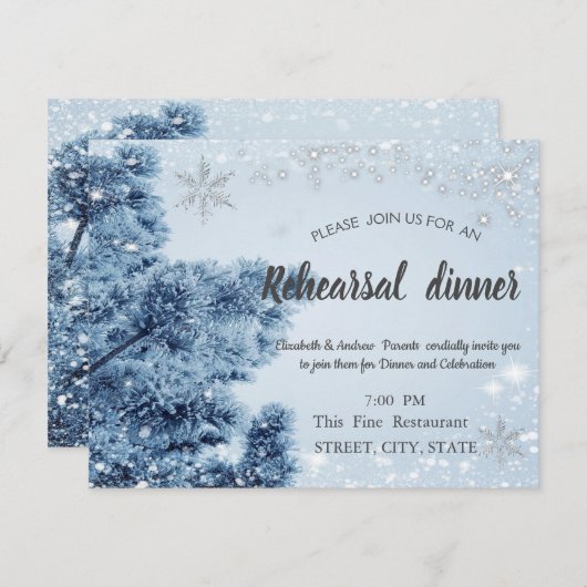 冬のワンダーランド、雪、雪片リハーサルディナー 招待状 (正面/裏面)